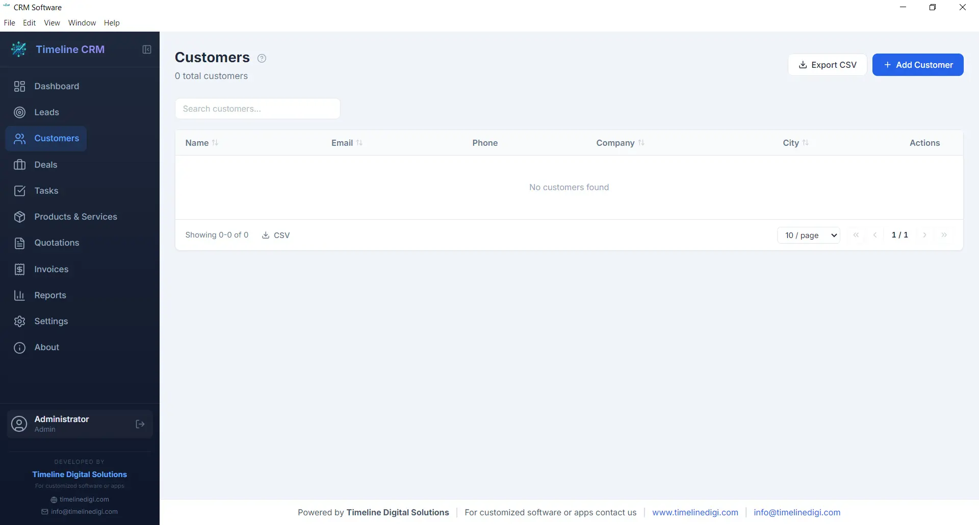 Timeline CRM Customers module showing customer profile with linked records
