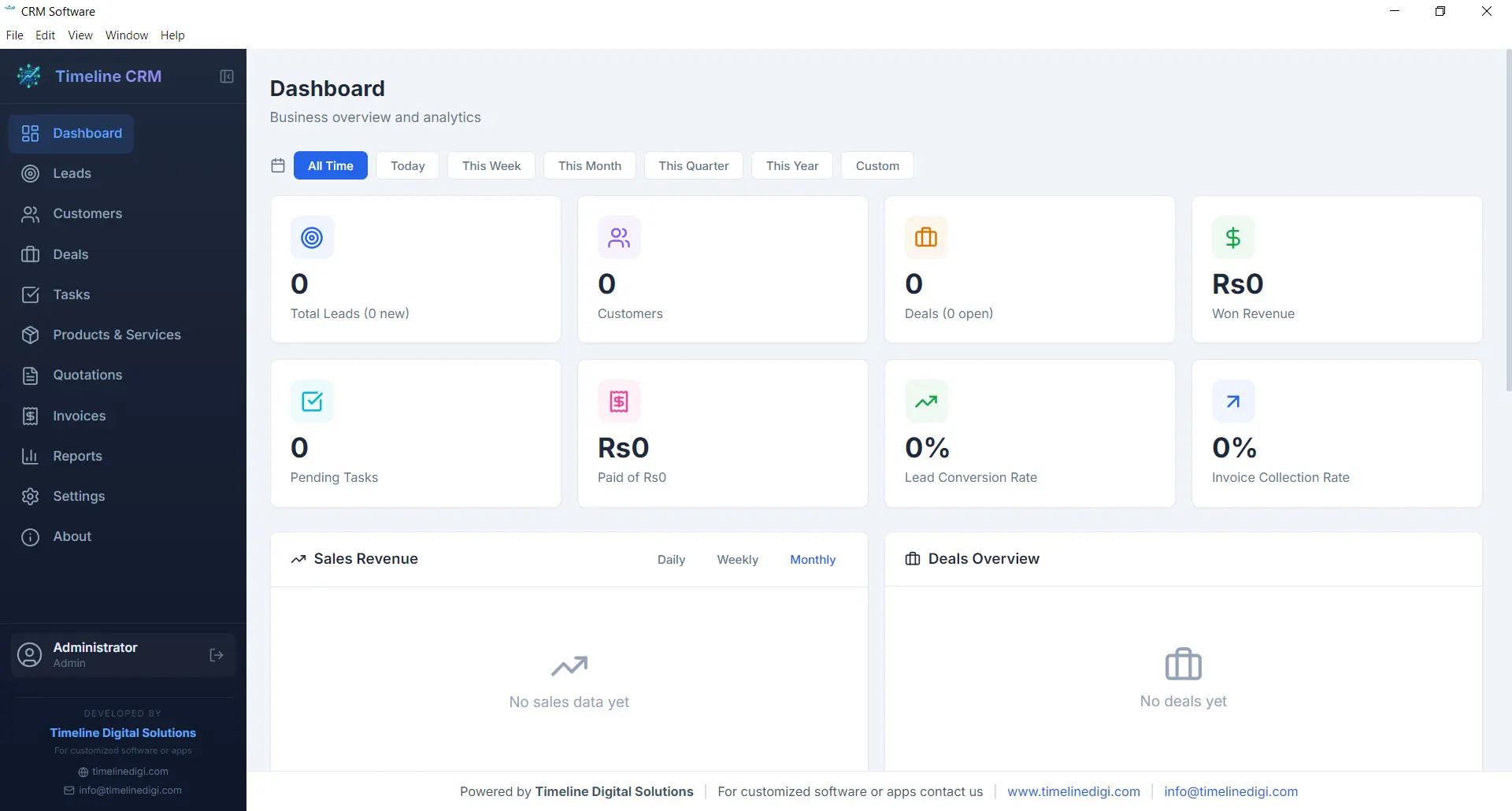 Timeline CRM Dashboard with sales metrics, pipeline chart, and activity feed