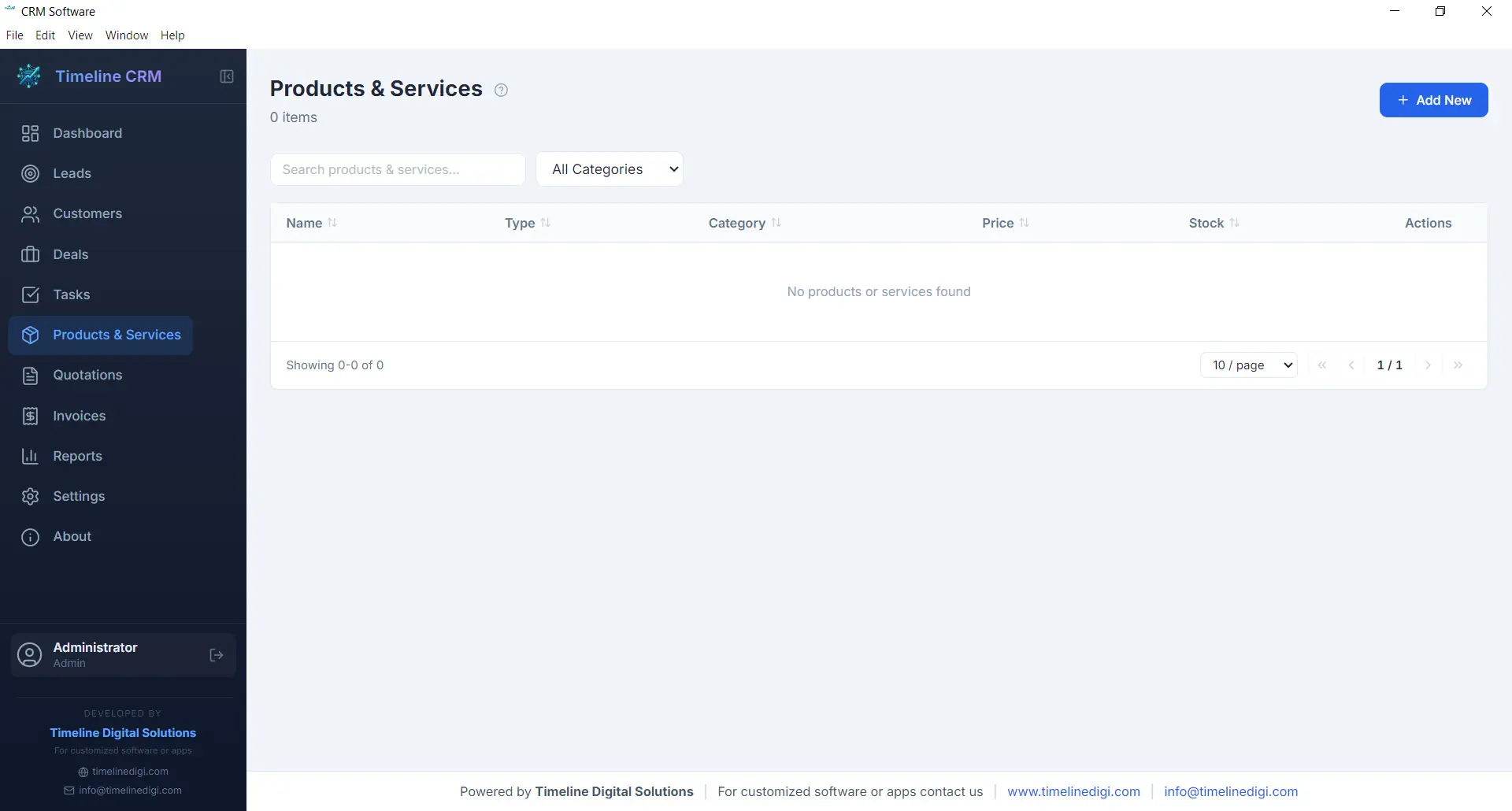 Timeline CRM Products module showing product catalog with pricing